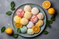 Top View, Colorful Round Plate On White Background With Lemon Ricotta Cookies. Generative AI