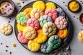 Top View, Colorful Round Plate On White Background With Lemon Ricotta Cookies. Generative AI