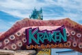 Top view of colorful sign Kraken and rollercoaster at Seaworld 2.