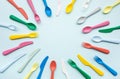 Top view of colorful spoon and fork element on color table.flat lay Royalty Free Stock Photo