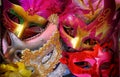 Top view of colorful Venetian masquerade masks. retro filtered image