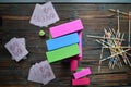 Top view of colorful wooden blocks, wood stocks, and cards on table Royalty Free Stock Photo