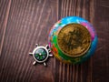 Top view compass,earth globe and bitcoin