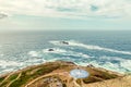 Top view of compass wind rose under the tower of hercules in A Coruna, Spain