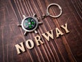 Top view compass and wooden word with text NORWAY