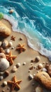Top view composition of a beach and ocean waves with starfish and sea shells. Generative Ai Royalty Free Stock Photo