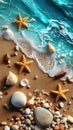 Top view composition of a beach and ocean waves with starfish and sea shells. Generative Ai Royalty Free Stock Photo