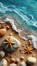 Top view composition of a beach and ocean waves with starfish and sea shells. Generative Ai Royalty Free Stock Photo