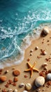 Top view composition of a beach and ocean waves with starfish and sea shells. Generative Ai Royalty Free Stock Photo