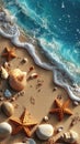 Top view composition of a beach and ocean waves with starfish and sea shells. Generative Ai Royalty Free Stock Photo