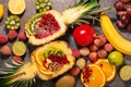 Top view of a composition of fresh tropical fruits.