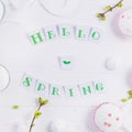 Top view composition of Hello spring lettering, branches with young shoots of greenery, easter cupcakes, merengue sweets, handcraf