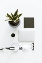 top view of composition with laptop, desklamp, plant and cup of coffee, Royalty Free Stock Photo