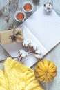 Top view composition with pumpkin, candles, cotton plant flower branches, gift, notepad, yellow knitting wool and copy space.