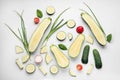 Top view composition with sliced zucchini on white background Royalty Free Stock Photo