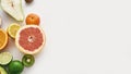 Top view of composition of various colorful fresh summer fruits isolated over white background, Copy space on the right Royalty Free Stock Photo