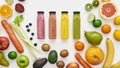 Top view composition of various colorful vegetables and fruits with bottles of healthy detox juices and smoothies Royalty Free Stock Photo