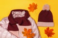 Top view of the composition of warm childrens clothing and autumn leaves on a yellow background Royalty Free Stock Photo