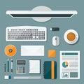 Top view computer of desk background, Flat design illustration of modern business office