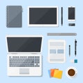 Top view Computer Laptop vector design on desk, Workplace with mobile devices