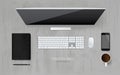 Top view of computer with office object set in working space area. Royalty Free Stock Photo