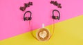 Top view concept coffee smile on yellow pink background