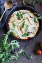 Top view of conchigliei stuffed pasta shells with ricotta cheese mozerella and basil leaves Royalty Free Stock Photo