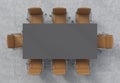 Top view of a conference room. A dark grey rectangular table and eight brown leather chairs around. 3D interior. Royalty Free Stock Photo