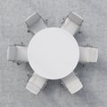 Top view of a conference room. A white round table and six chairs around. 3D interior. Royalty Free Stock Photo