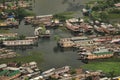 Top view of congested houseboats, shikara, boats, and houses in blue waters of Dal Lake. Jammu and Kashmir, India Royalty Free Stock Photo