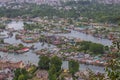 Top view of congested houseboats, shikara, boats, and houses in blue waters of Dal Lake. Jammu and Kashmir, India , Asia Royalty Free Stock Photo
