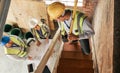 Top view, construction building and team planning with blueprint, collaboration and conversation. Architecture, engineer Royalty Free Stock Photo