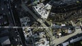 Top view of construction crane and colorful buildings of city. Stock footage. Construction site with cranes and Royalty Free Stock Photo