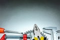Construction instruments and variety tools on metal workbench Royalty Free Stock Photo