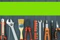 Top view of construction tools on a wooden background Royalty Free Stock Photo