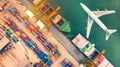 Top view of container ship and aircraft in export and import bus Royalty Free Stock Photo