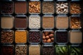 Top view of containers filled with a variety of grains and legumes. The organization and storage in a kitchen in containers