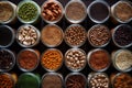 Top view of containers filled with a variety of grains and legumes. The organization and storage in a kitchen in containers