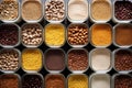 Top view of containers filled with a variety of grains and legumes. The organization and storage in a kitchen in containers