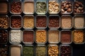 Top view of containers filled with a variety of grains and legumes. The organization and storage in a kitchen in containers