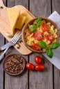 Top view cooked pasta with tomatoes