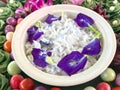 Top view cooked or steamed white jasmine rice