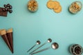Top view of cookies and toppings to prepare rich and delicious ice creams