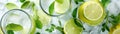 Top View Cool Mintinfused Iced Water With Lime Slices Banner Background. Generative AI Royalty Free Stock Photo