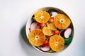 Top view and copy space, healthy meals, Mixed salad with preserved salmon, fresh vegetables Royalty Free Stock Photo