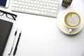 Top view with copy space, working desk with laptop,cell phone,notebook pencil and coffee on white background