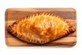 Top View, Cornish Pasty On A Wooden Boardon White Background