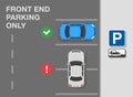 Top view of a correct and incorrect parked cars on a city parking. `Front end parking only` sign meaning. Royalty Free Stock Photo