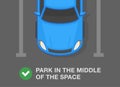 Top view of a correct parked car. Close-up view of a perpendicular parking lot. Park your car in the middle of the space.