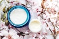 Top view of cosmetic cream and concealer eyes creams with pink cherry flowers in a blue glass jar. Hygienic skincare lotion Royalty Free Stock Photo